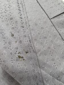 お召着物　虫が潰れて付いたシミ　染み抜き前