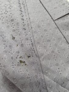 お召着物　虫が潰れて付いたシミ　染み抜き前